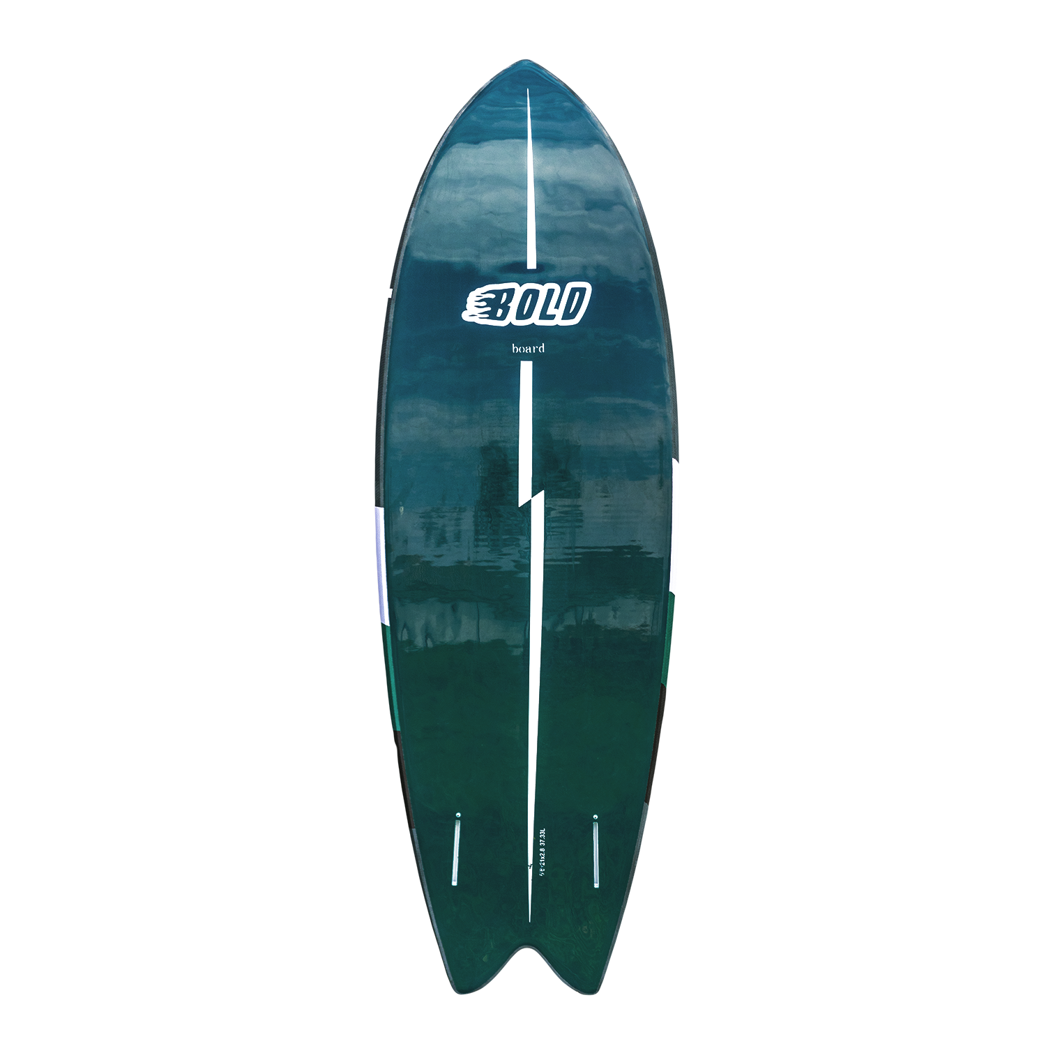 a green surfboard with a white stripe on it