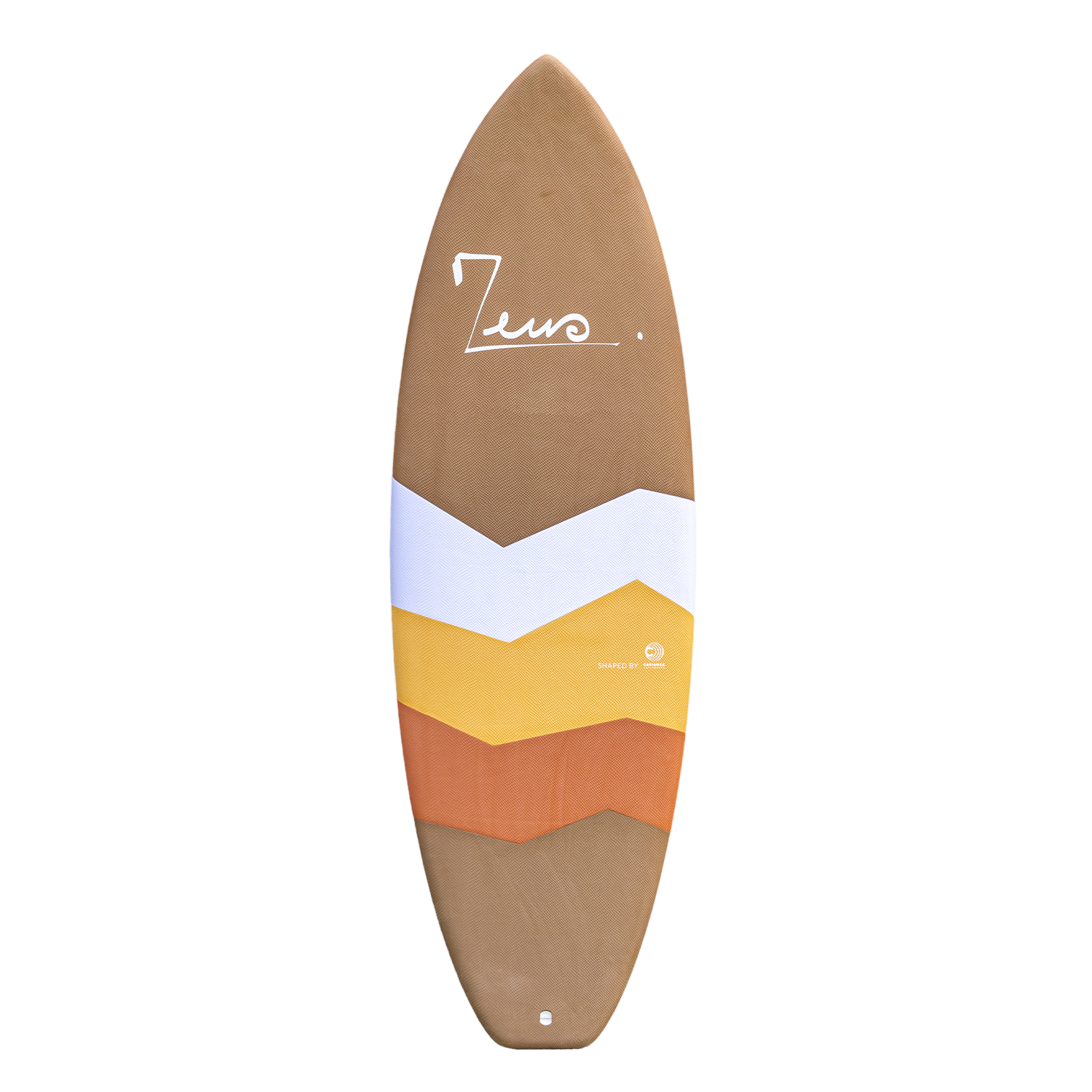 a surfboard with a brown and white design on it