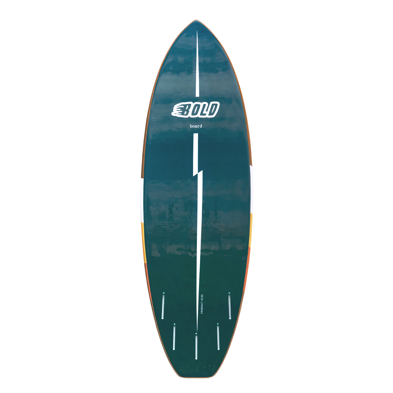 a blue surfboard with an orange stripe on it