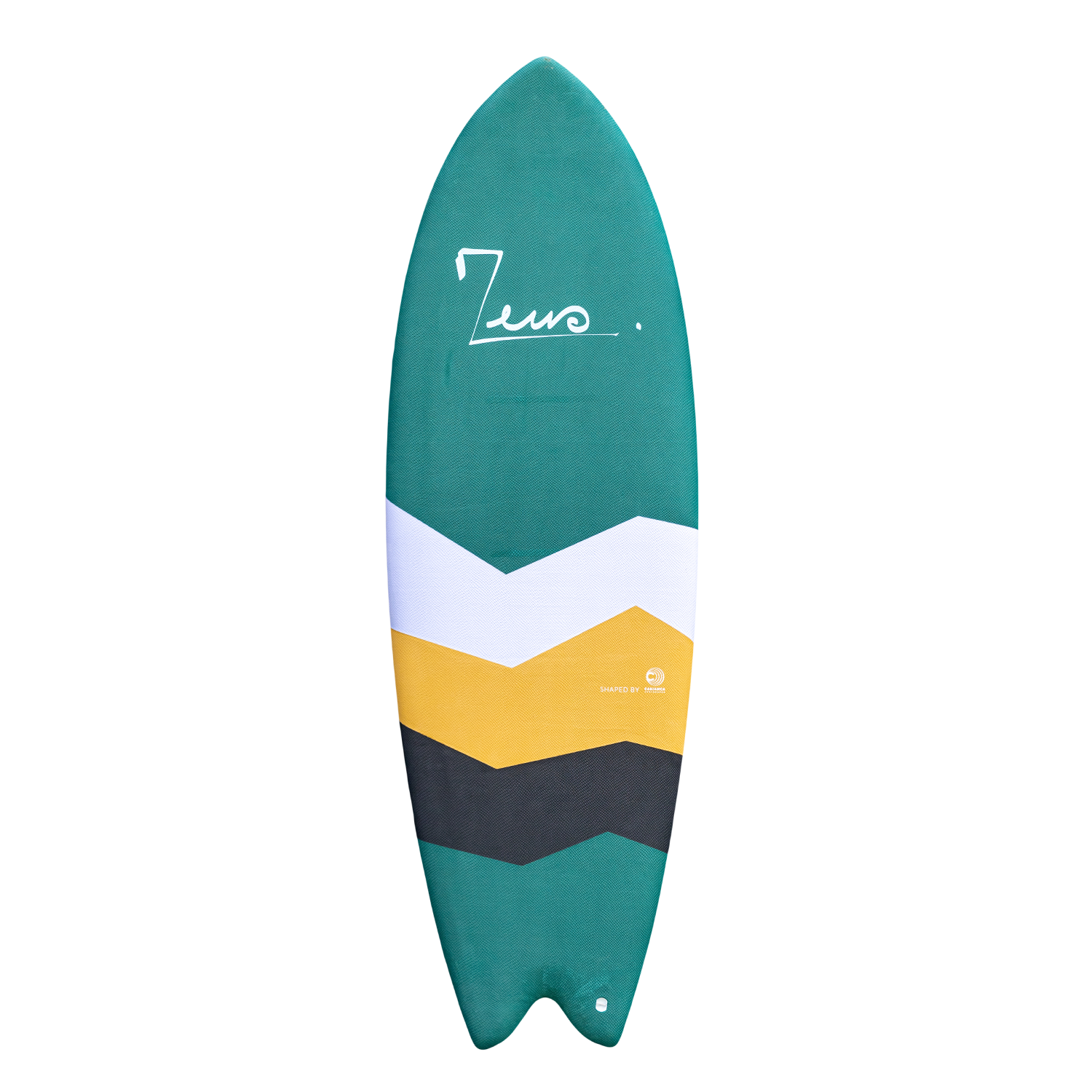 a surfboard with a yellow, black, and white stripe