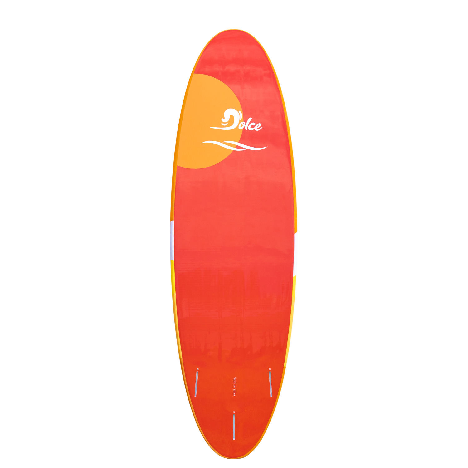 a red surfboard with an orange bottom and yellow bottom