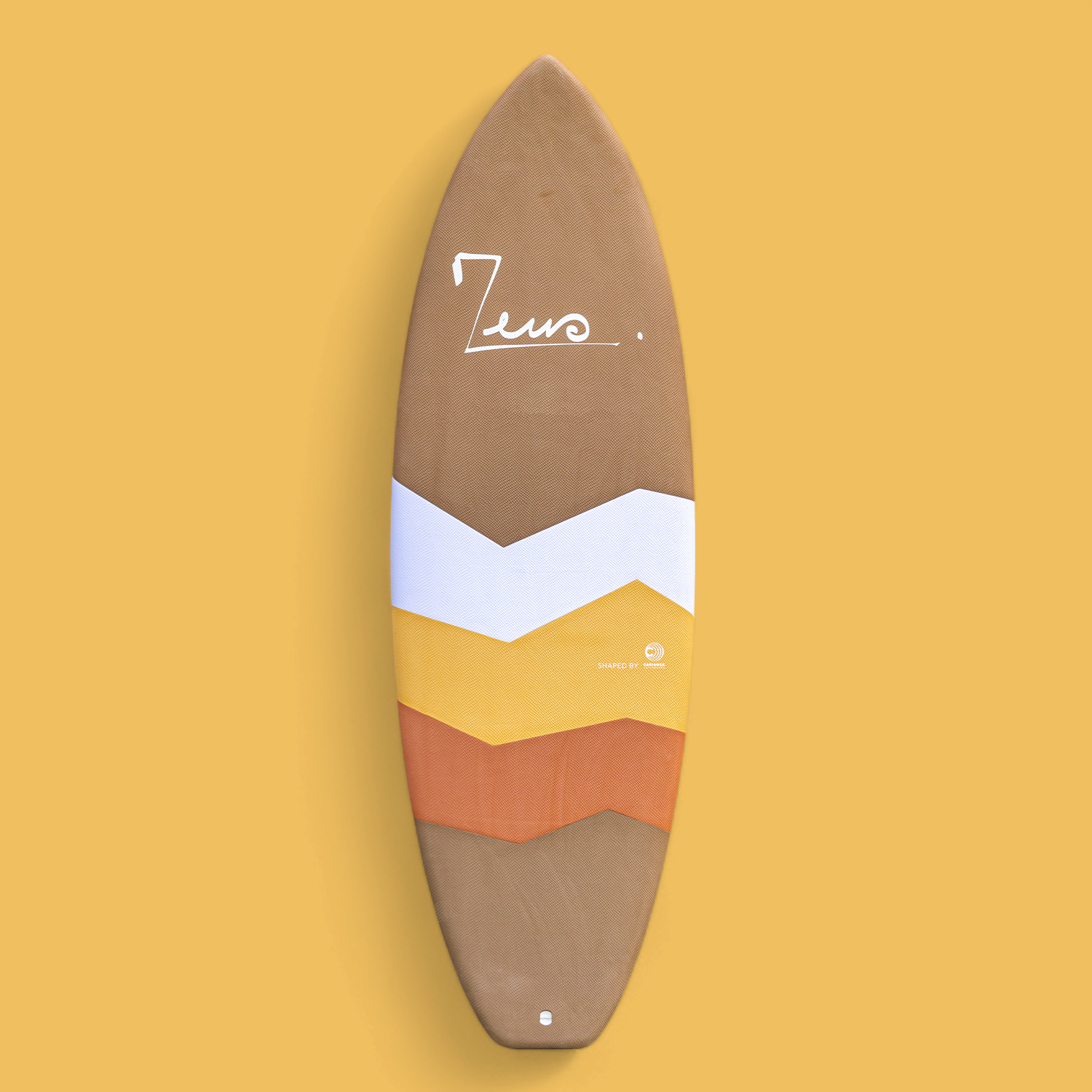 a brown surfboard with a yellow background