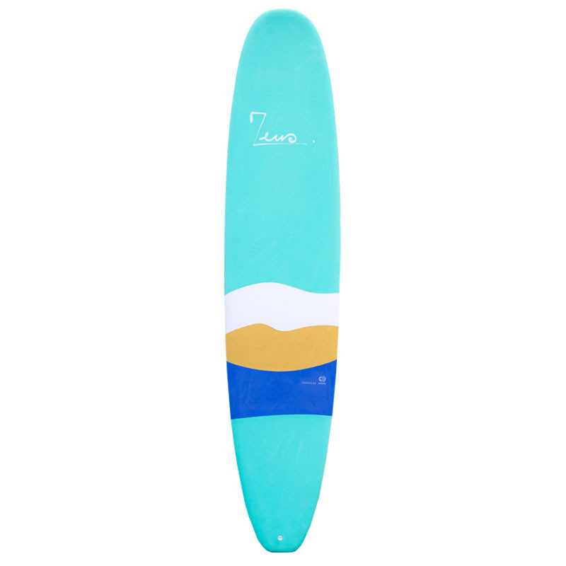 a blue surfboard with a yellow and white stripe