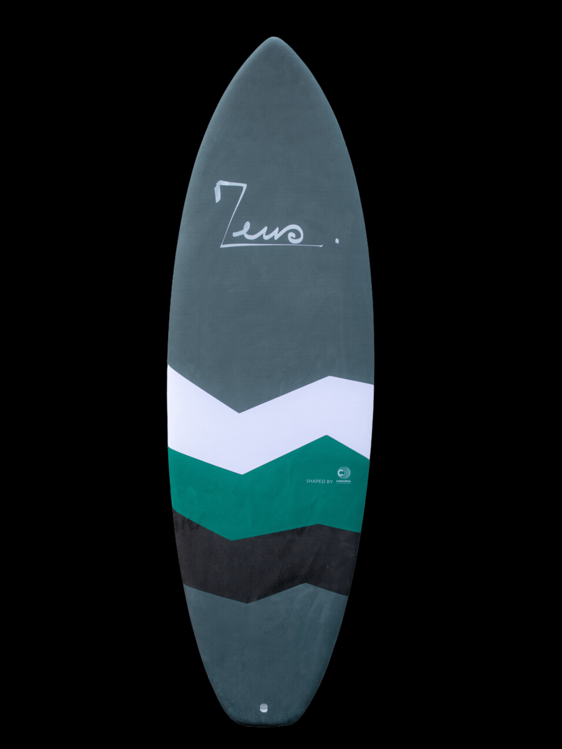 a surfboard with the name zero on it