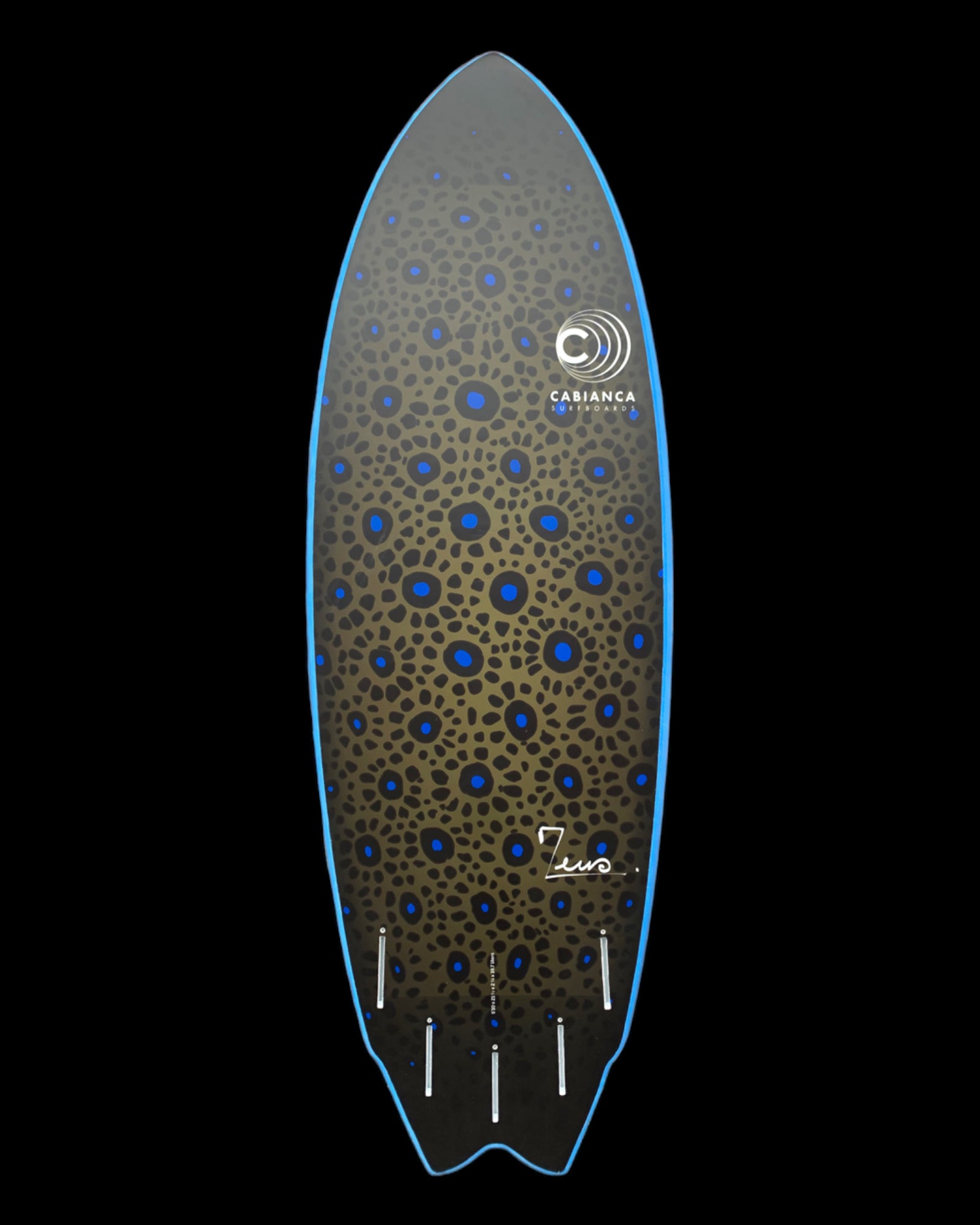 a blue and black surfboard on a black background